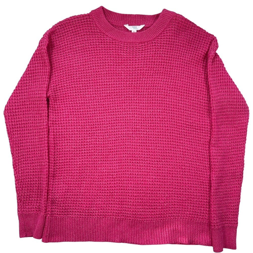 Time and Tru Womens Pink Waffle Knit Crewneck Sweater Recycled Polyester L 12-14 - Picture 3 of 8